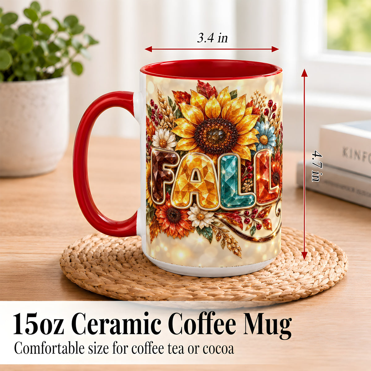 #pl[15oz|Red] Fall Sunflower Coffee Mug, Autumn Floral Mug, Ceramic Cup