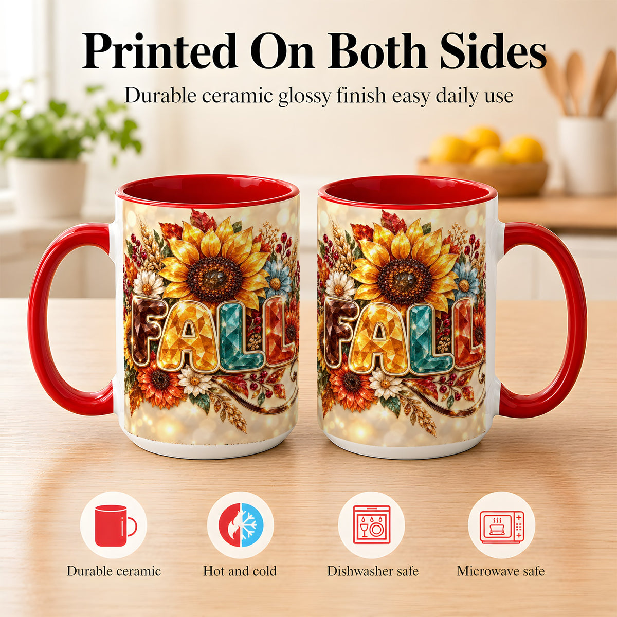 #pl[15oz|Red] Fall Sunflower Coffee Mug, Autumn Floral Mug, Ceramic Cup