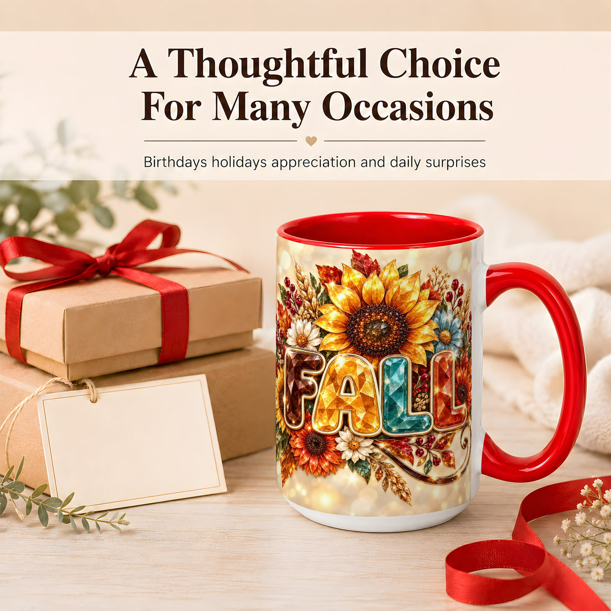 #pl[15oz|Red] Fall Sunflower Coffee Mug, Autumn Floral Mug, Ceramic Cup