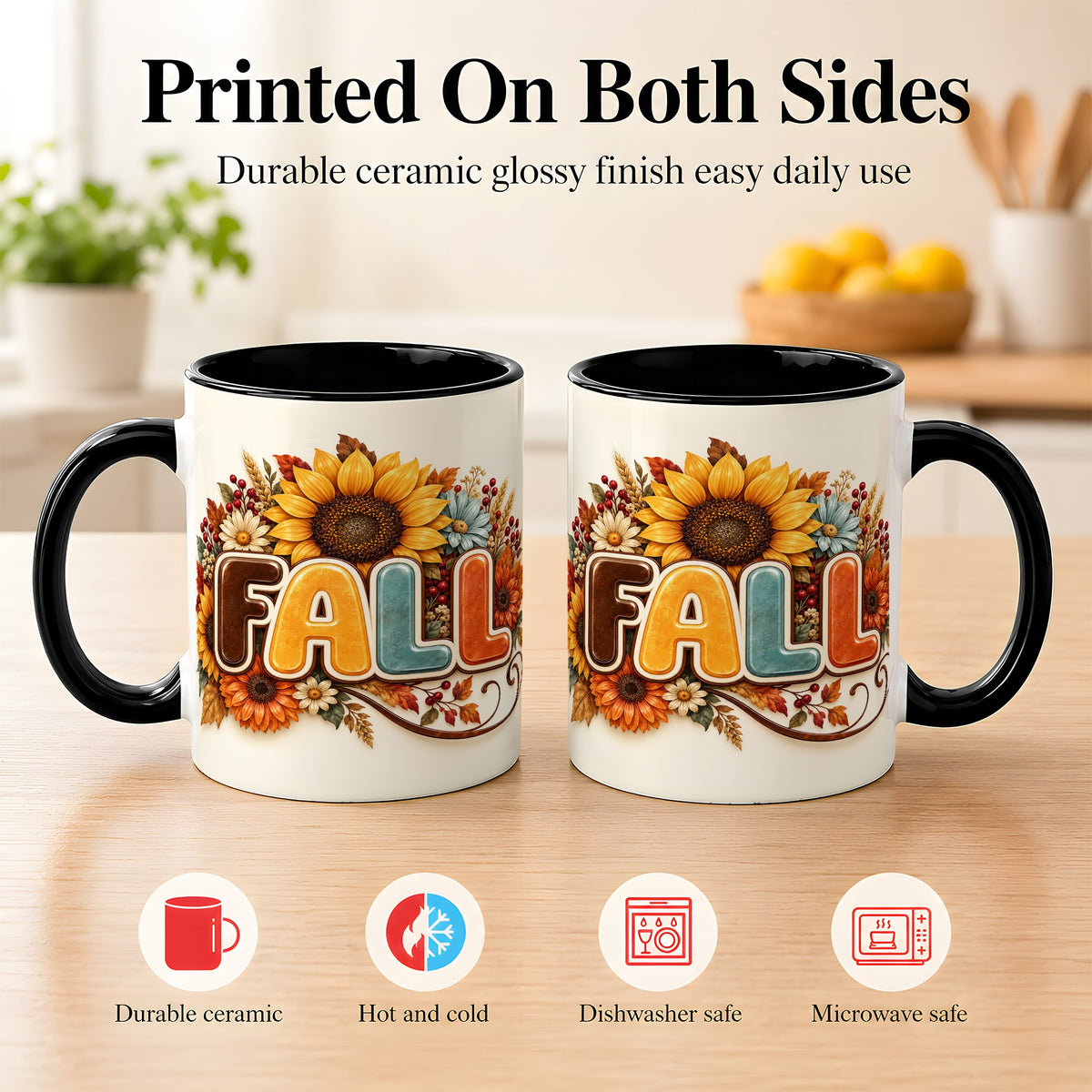 #pl[11oz|Black] Autumn Sunflower Coffee Mug, Fall Floral Mug, Ceramic Cup