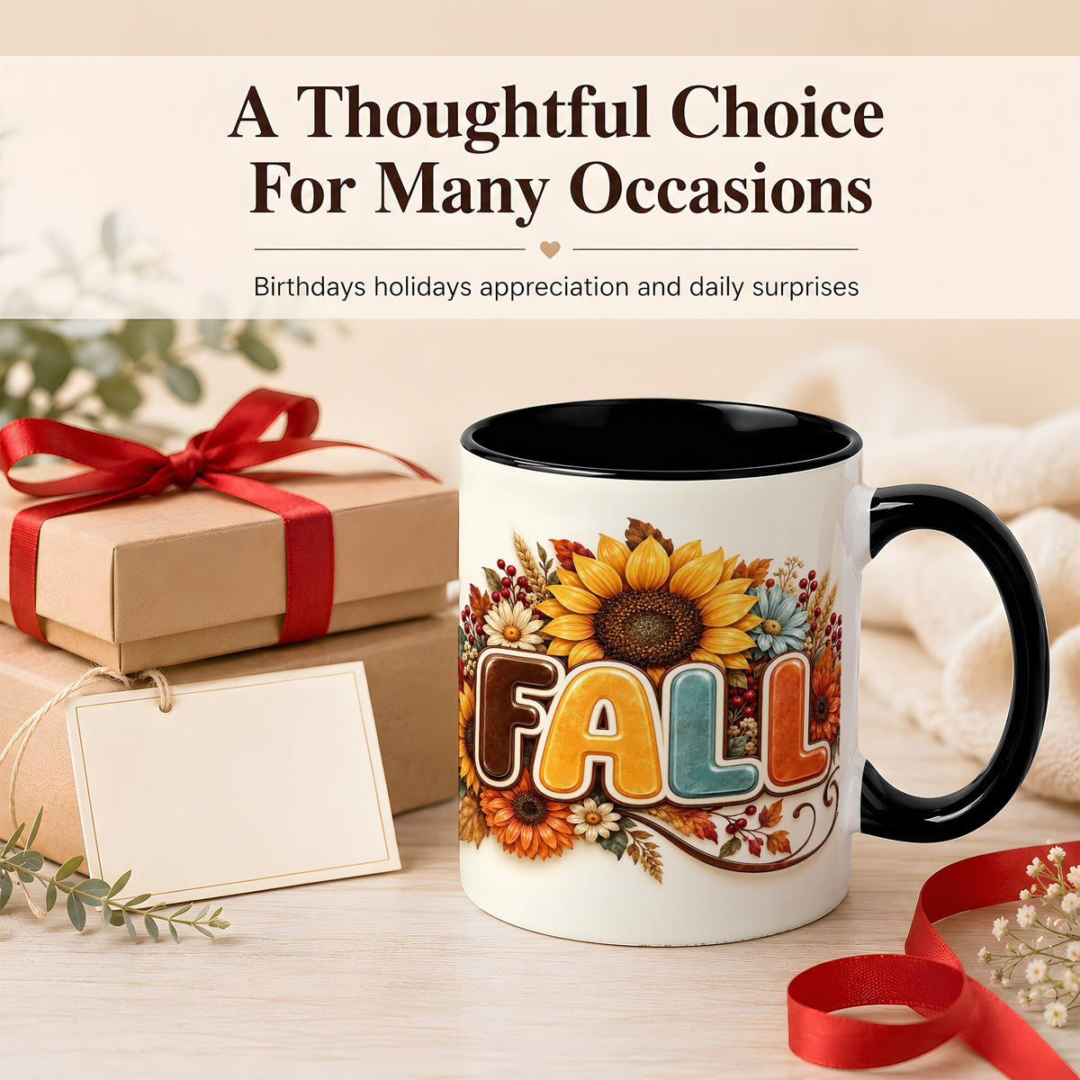 #pl[11oz|Black] Autumn Sunflower Coffee Mug, Fall Floral Mug, Ceramic Cup