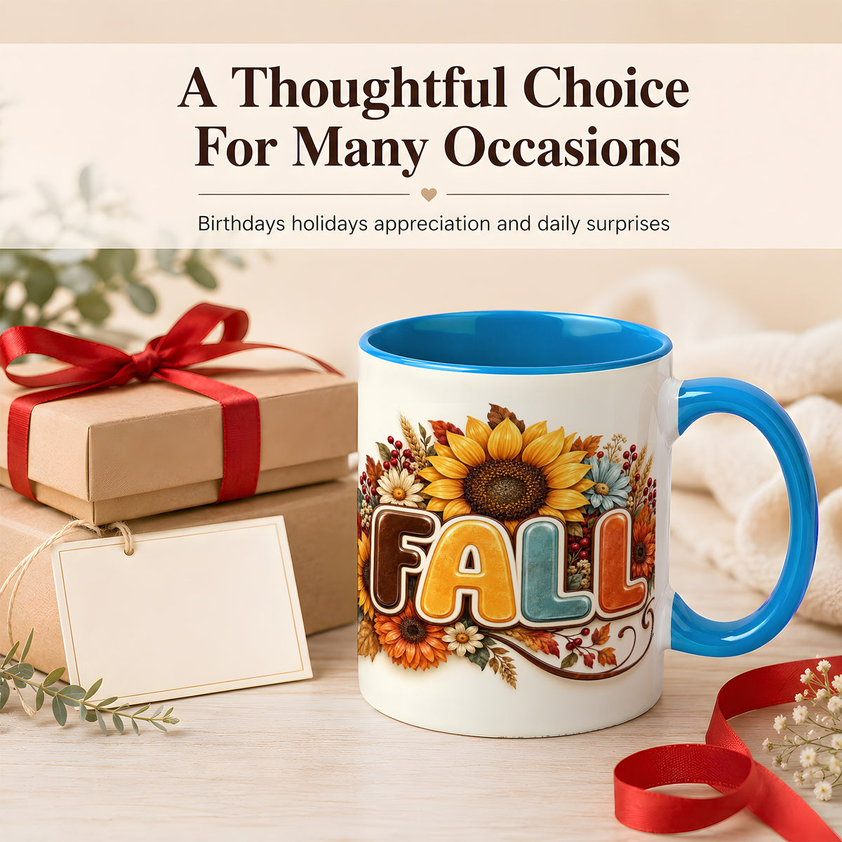 #pl[11oz|Blue] Autumn Sunflower Coffee Mug, Fall Floral Mug, Ceramic Cup