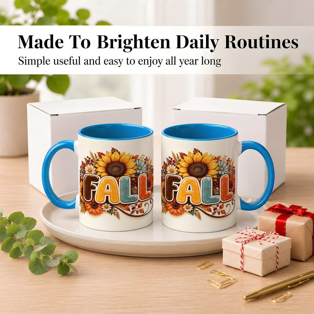 #pl[11oz|Blue] Autumn Sunflower Coffee Mug, Fall Floral Mug, Ceramic Cup