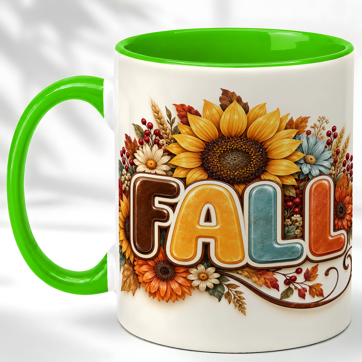 #pl[11oz|Green] Autumn Sunflower Coffee Mug, Fall Floral Mug, Ceramic Cup