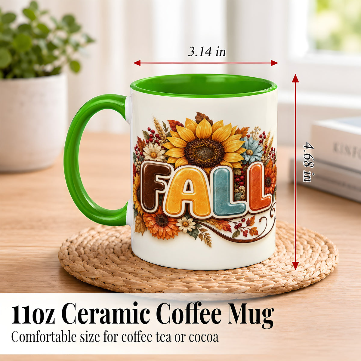 #pl[11oz|Green] Autumn Sunflower Coffee Mug, Fall Floral Mug, Ceramic Cup