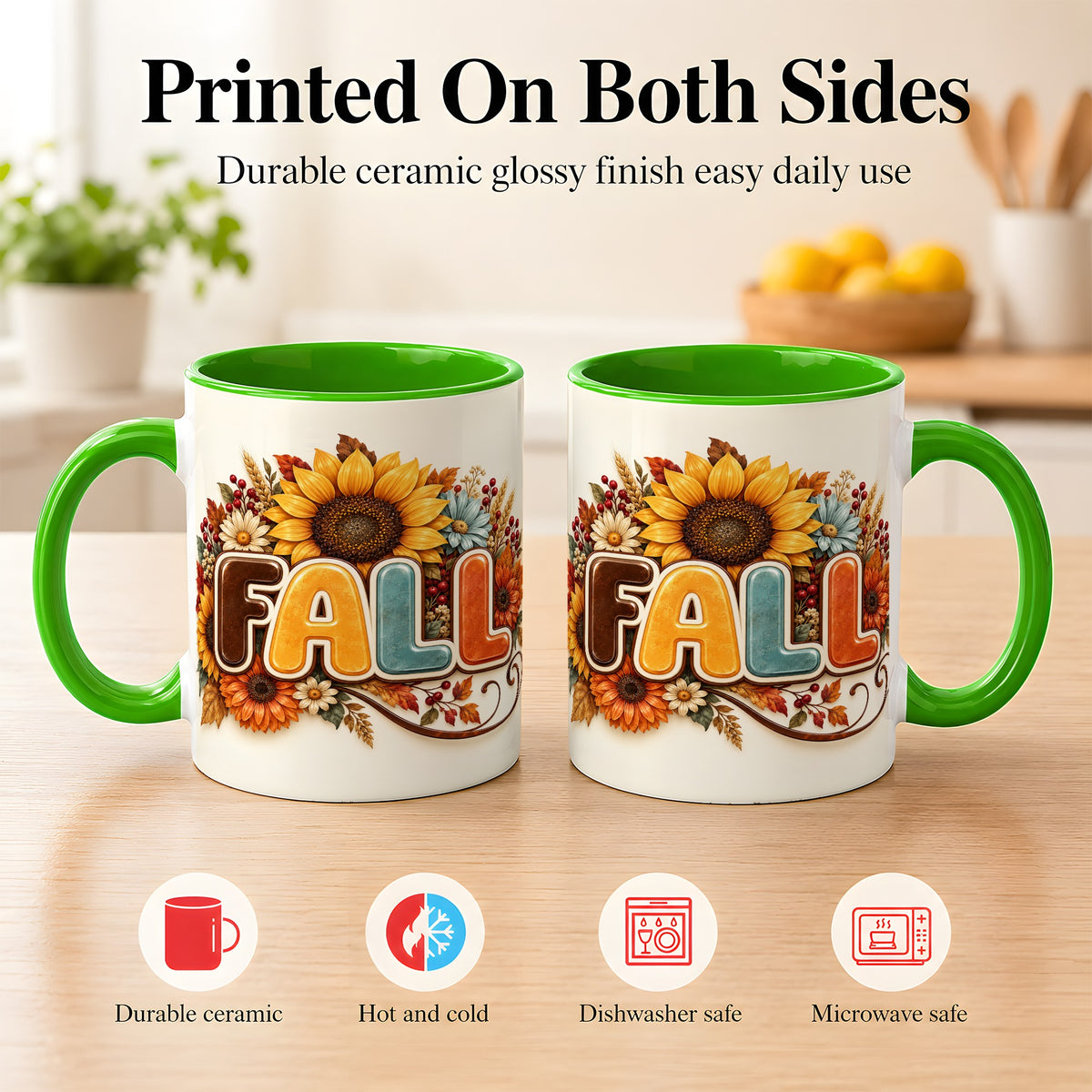 #pl[11oz|Green] Autumn Sunflower Coffee Mug, Fall Floral Mug, Ceramic Cup