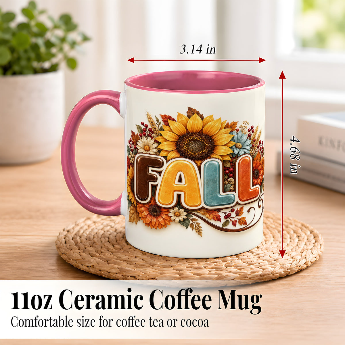 #pl[11oz|Pink] Autumn Sunflower Coffee Mug, Fall Floral Mug, Ceramic Cup