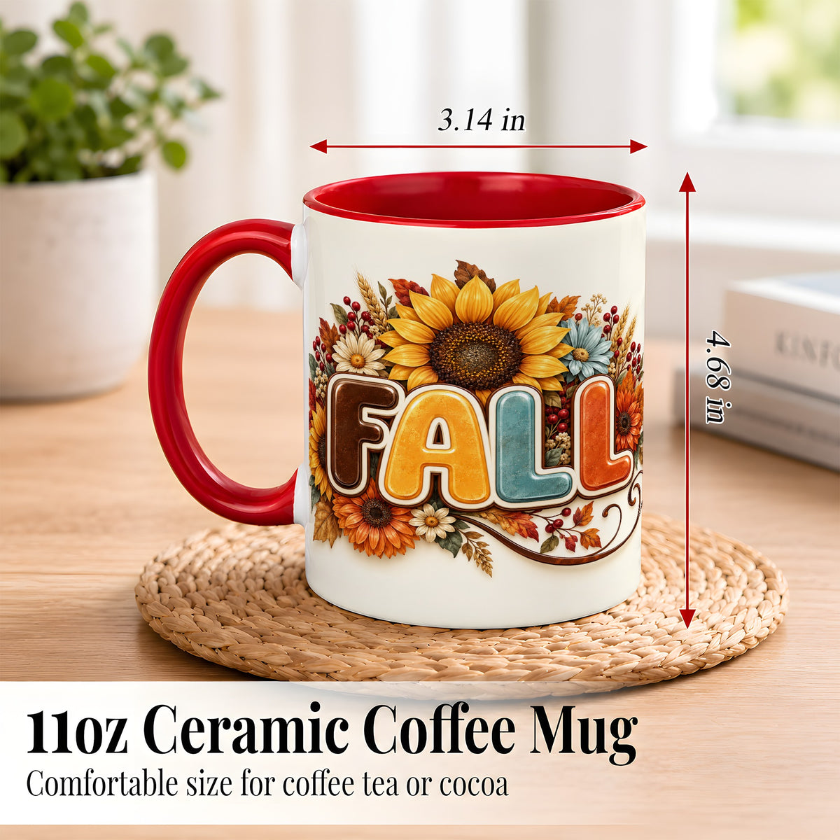 #pl[11oz|Red] Autumn Sunflower Coffee Mug, Fall Floral Mug, Ceramic Cup