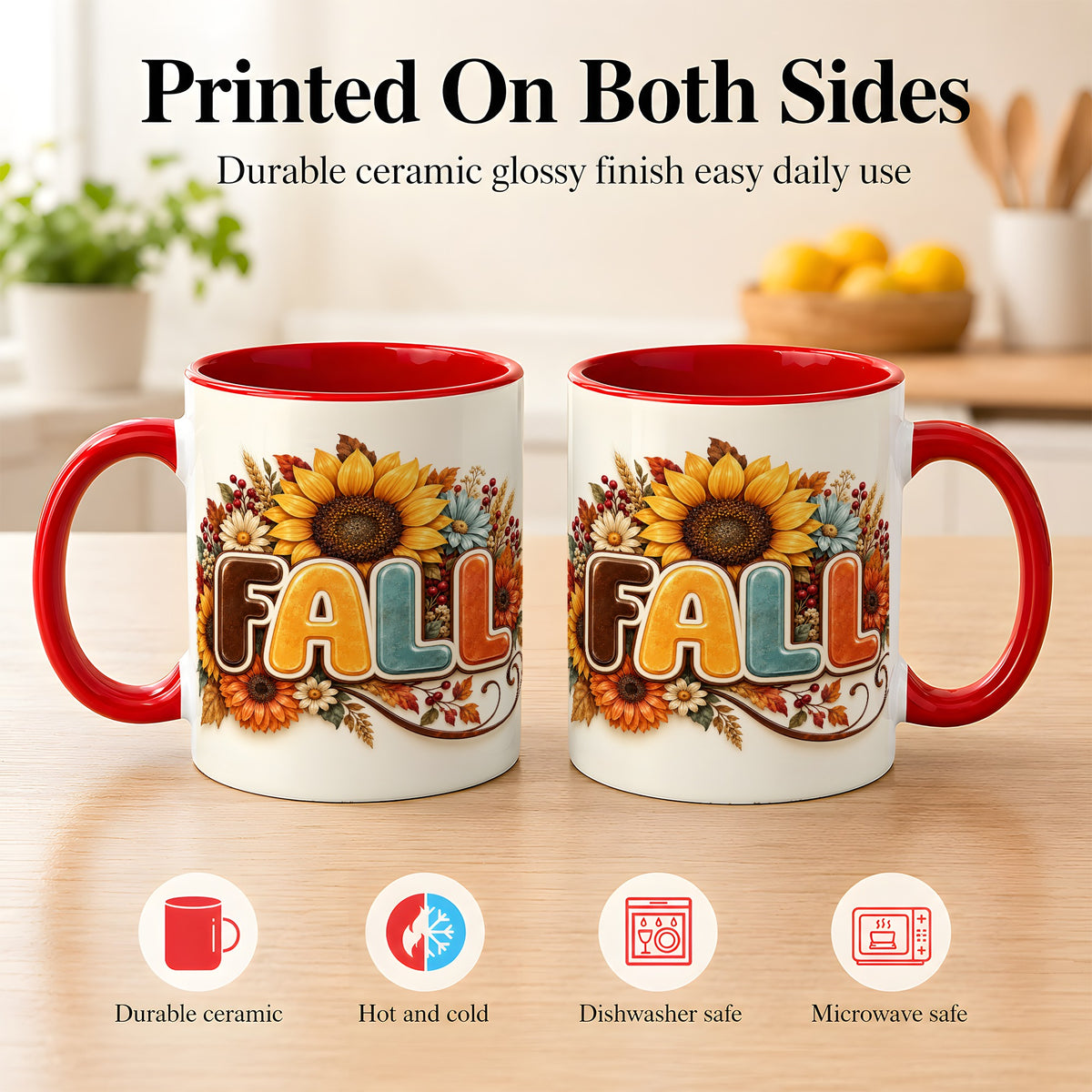 #pl[11oz|Red] Autumn Sunflower Coffee Mug, Fall Floral Mug, Ceramic Cup