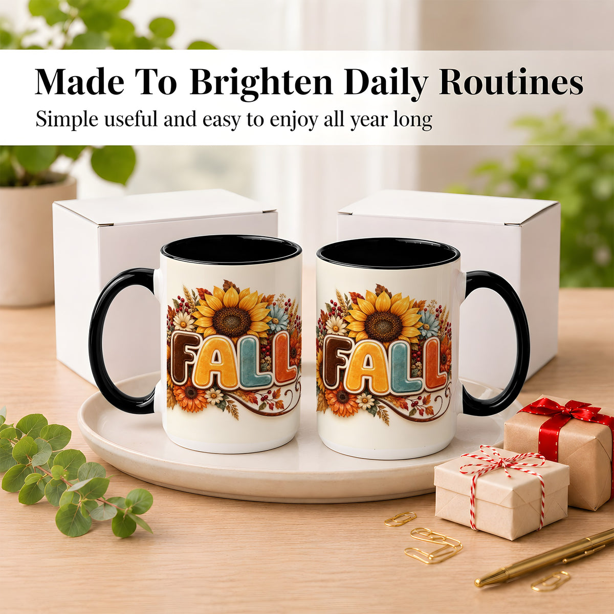 #pl[15oz|Black] Autumn Sunflower Coffee Mug, Fall Floral Mug, Ceramic Cup