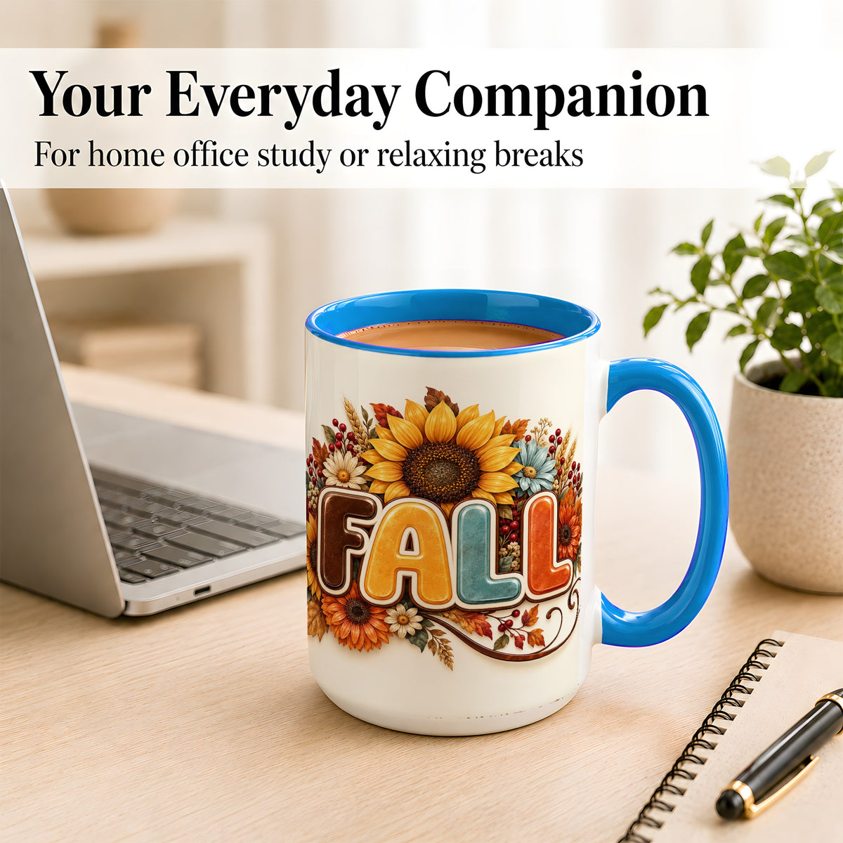 #pl[15oz|Blue] Autumn Sunflower Coffee Mug, Fall Floral Mug, Ceramic Cup