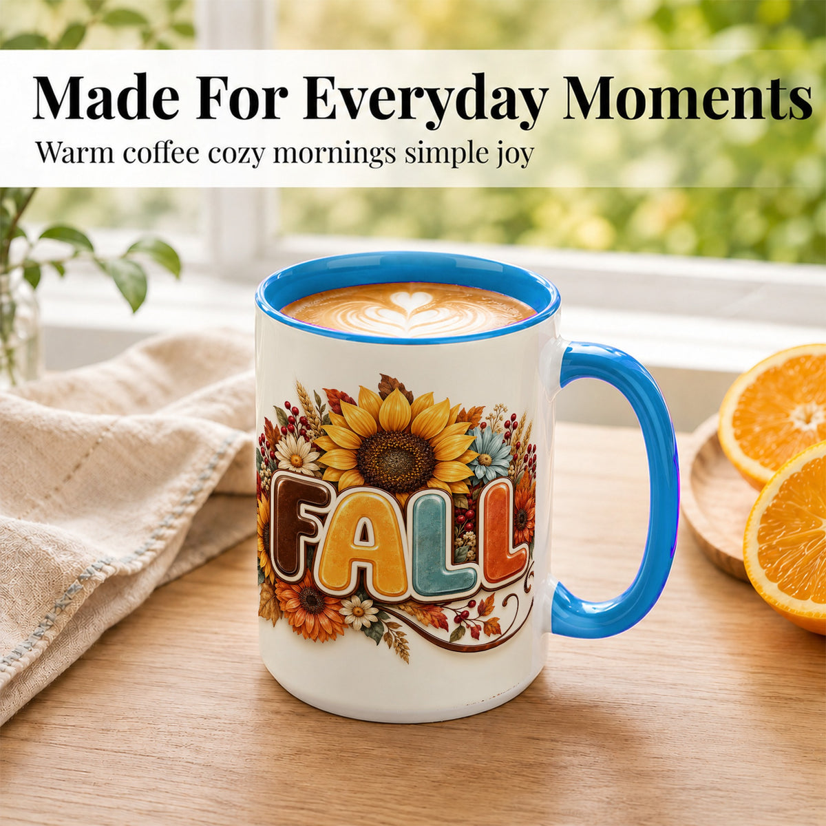 #pl[15oz|Blue] Autumn Sunflower Coffee Mug, Fall Floral Mug, Ceramic Cup