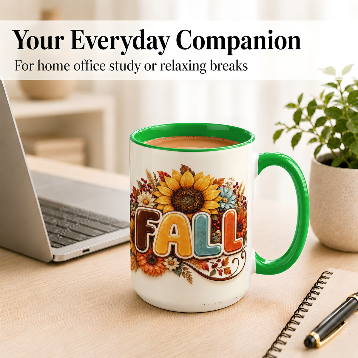 #pl[15oz|Green] Autumn Sunflower Coffee Mug, Fall Floral Mug, Ceramic Cup