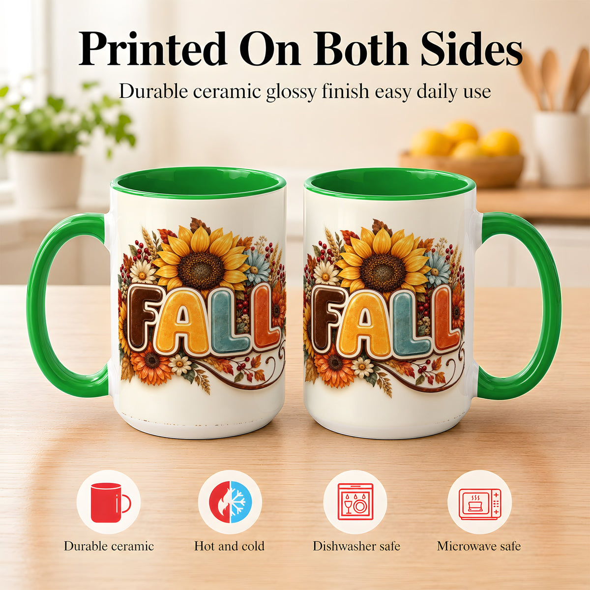 #pl[15oz|Green] Autumn Sunflower Coffee Mug, Fall Floral Mug, Ceramic Cup