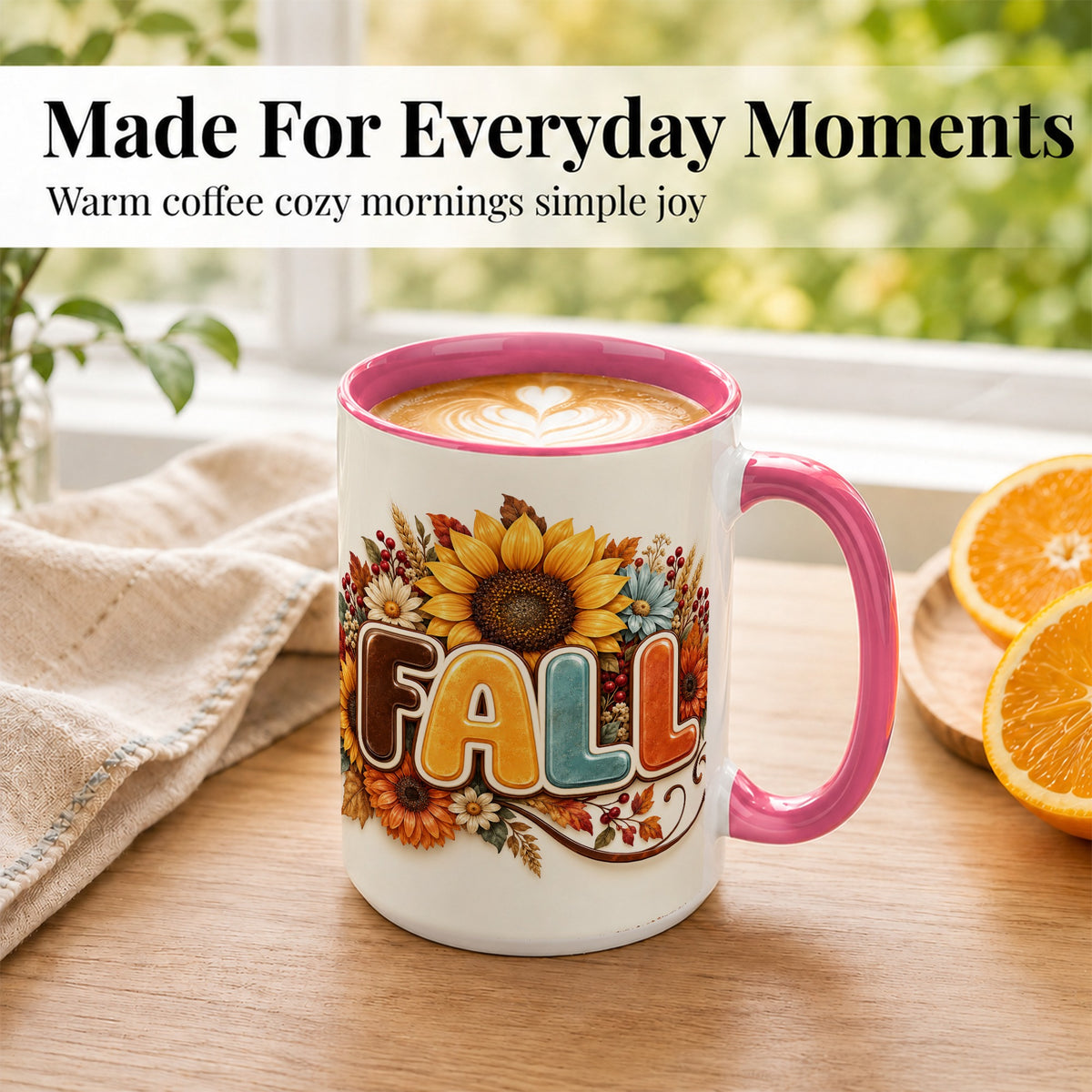 #pl[15oz|Pink] Autumn Sunflower Coffee Mug, Fall Floral Mug, Ceramic Cup