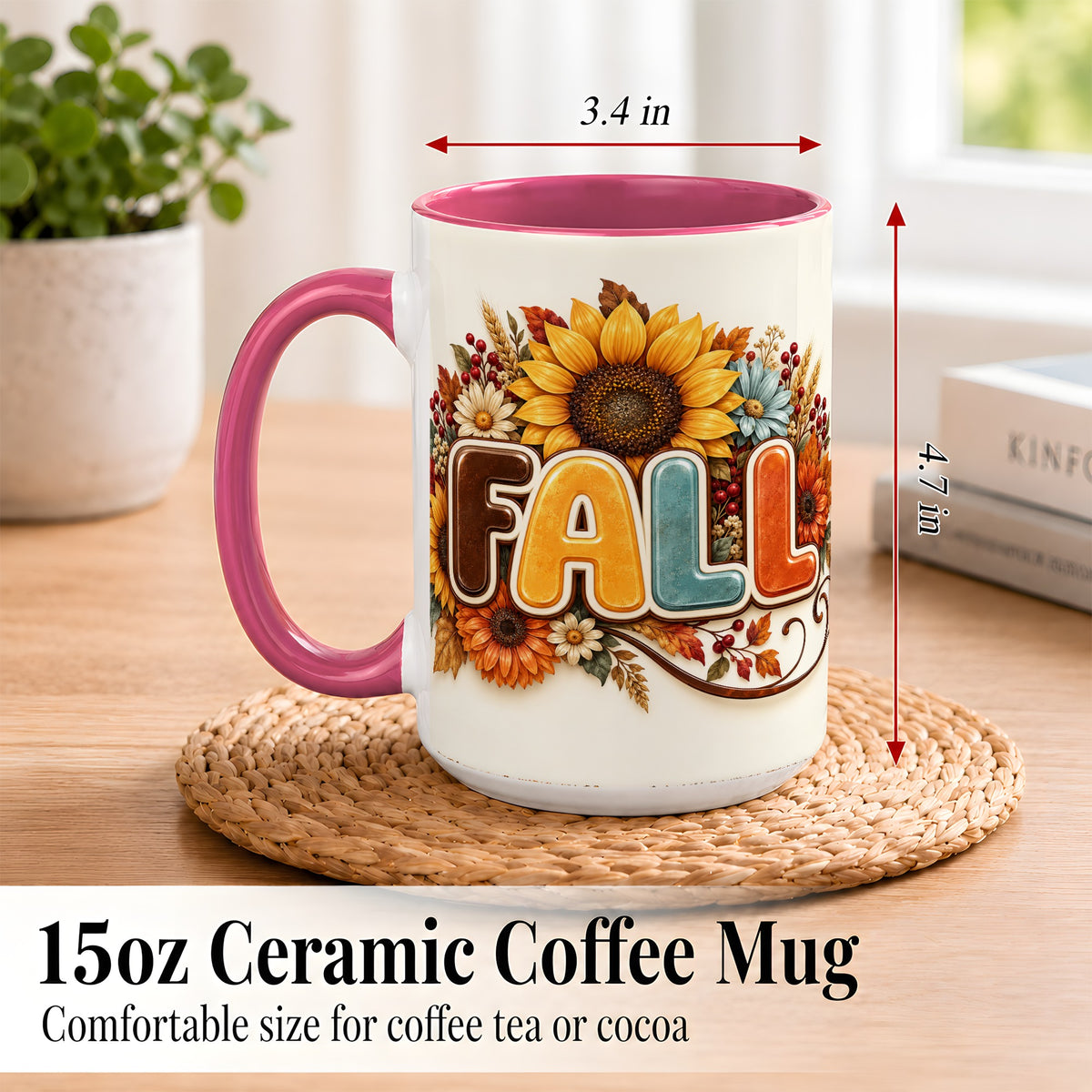 #pl[15oz|Pink] Autumn Sunflower Coffee Mug, Fall Floral Mug, Ceramic Cup