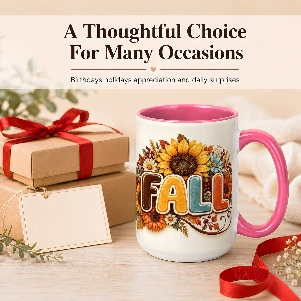 #pl[15oz|Pink] Autumn Sunflower Coffee Mug, Fall Floral Mug, Ceramic Cup