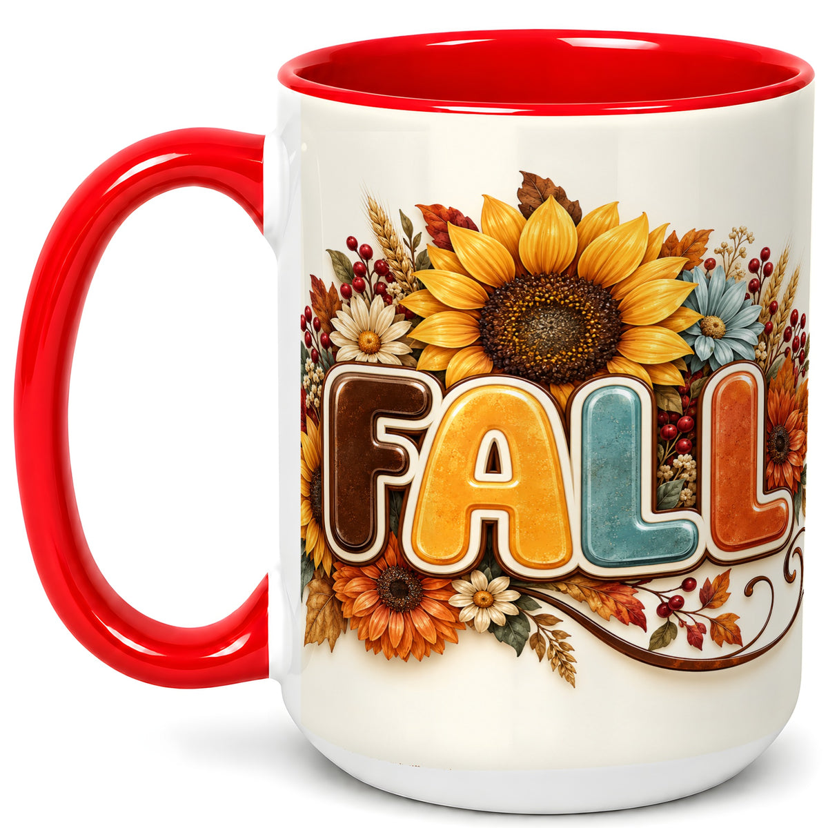#pl[15oz|Red] Autumn Sunflower Coffee Mug, Fall Floral Mug, Ceramic Cup