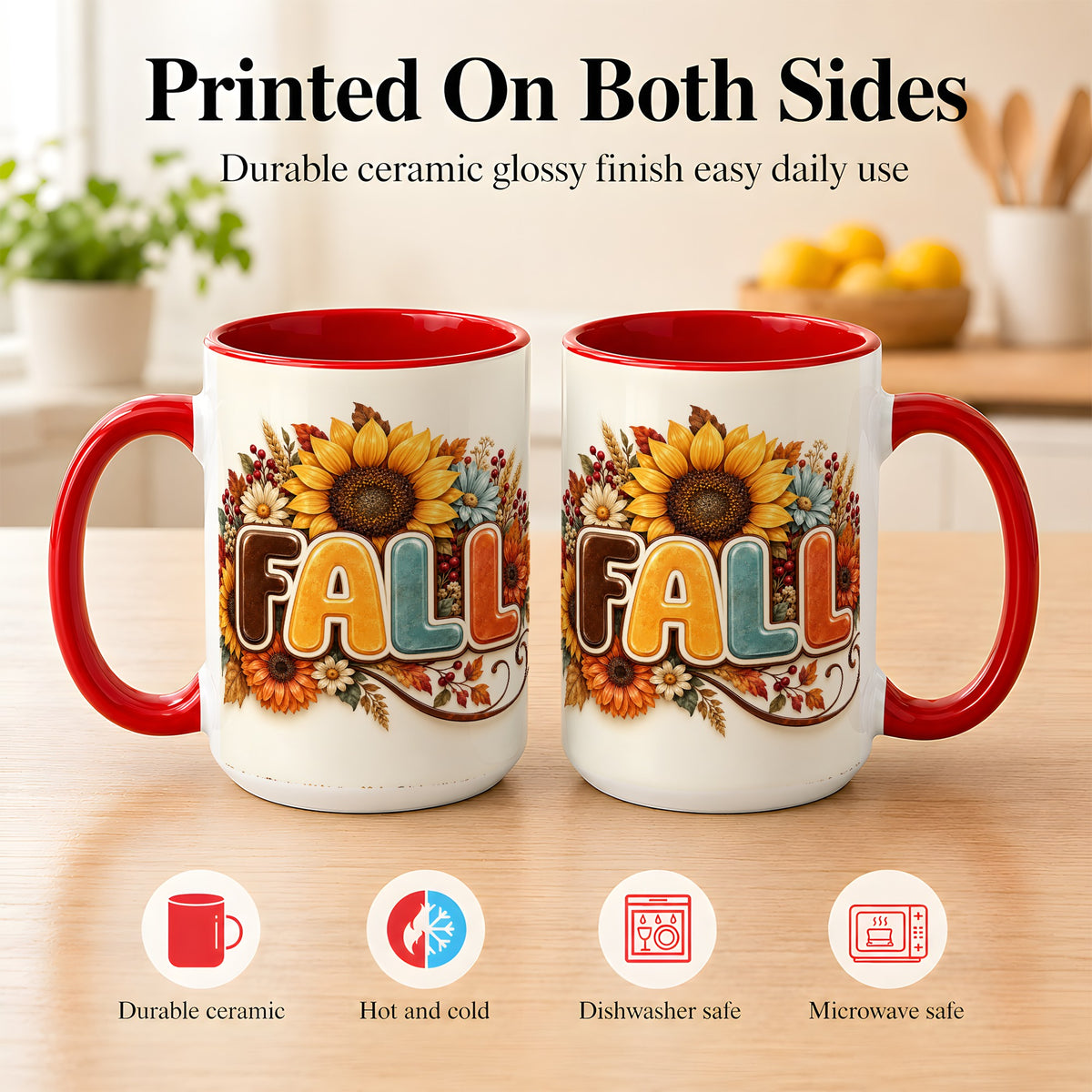 #pl[15oz|Red] Autumn Sunflower Coffee Mug, Fall Floral Mug, Ceramic Cup