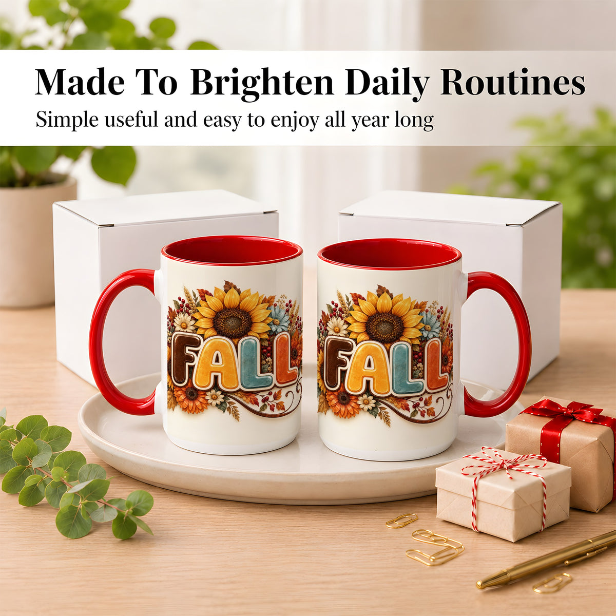 #pl[15oz|Red] Autumn Sunflower Coffee Mug, Fall Floral Mug, Ceramic Cup