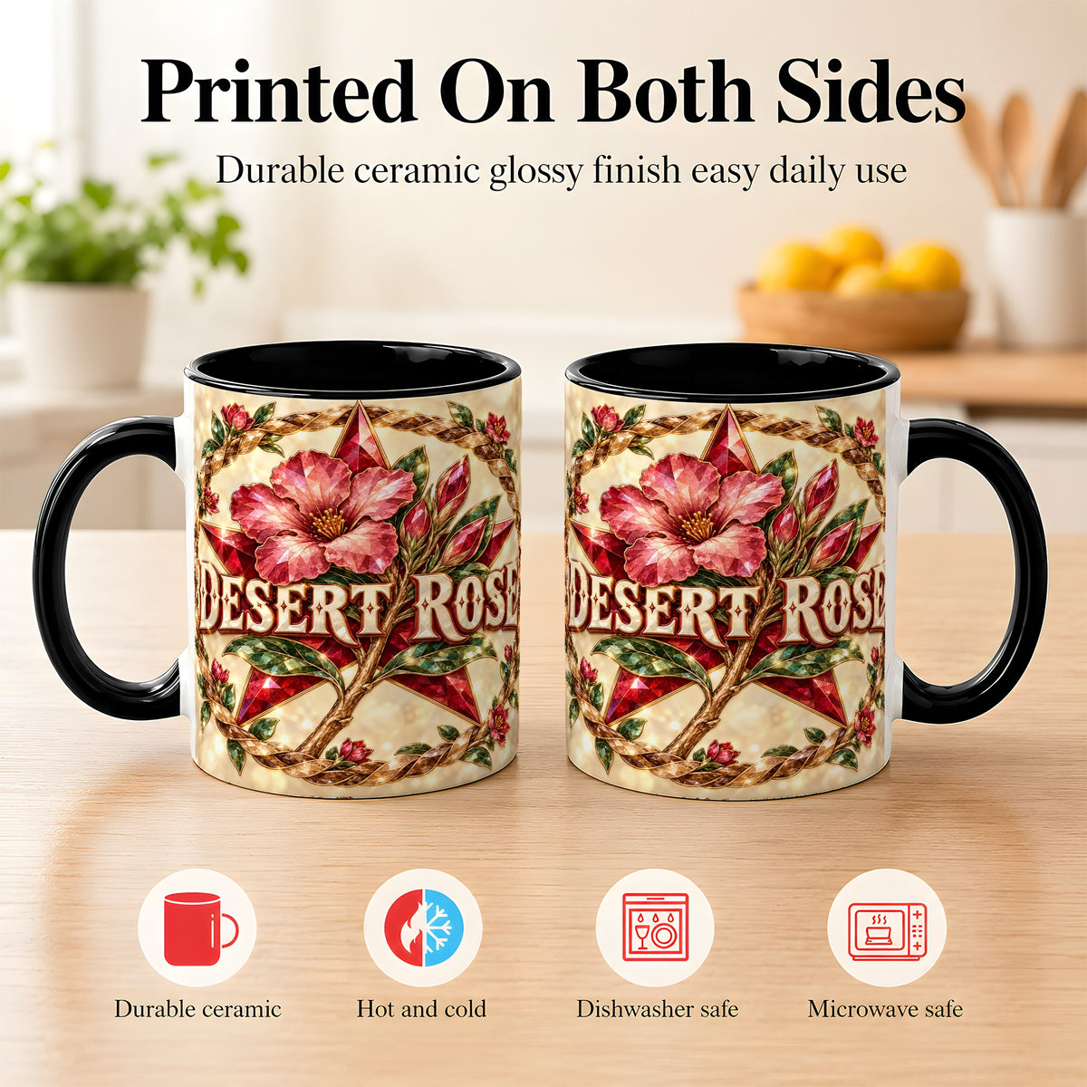 #pl[11oz|Black] Western Floral Star Coffee Mug, Rose Blossom Mug, Ceramic Cup