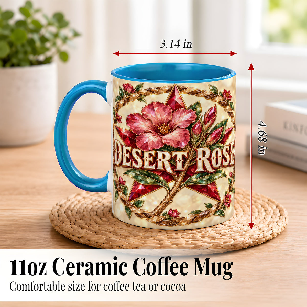 #pl[11oz|Blue] Western Floral Star Coffee Mug, Rose Blossom Mug, Ceramic Cup