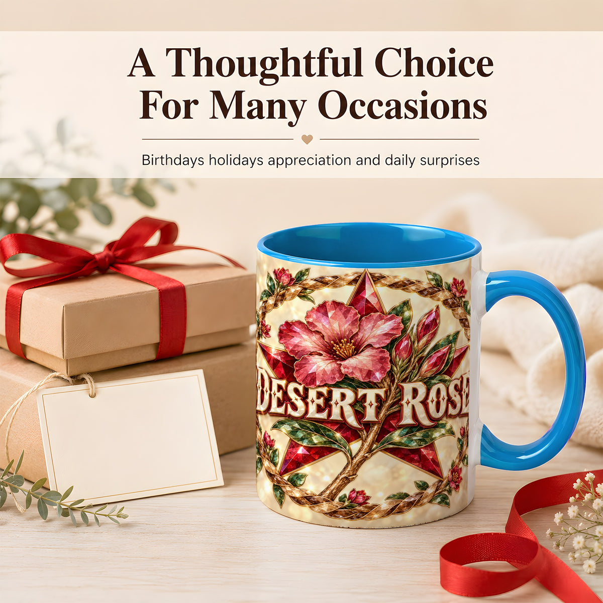 #pl[11oz|Blue] Western Floral Star Coffee Mug, Rose Blossom Mug, Ceramic Cup