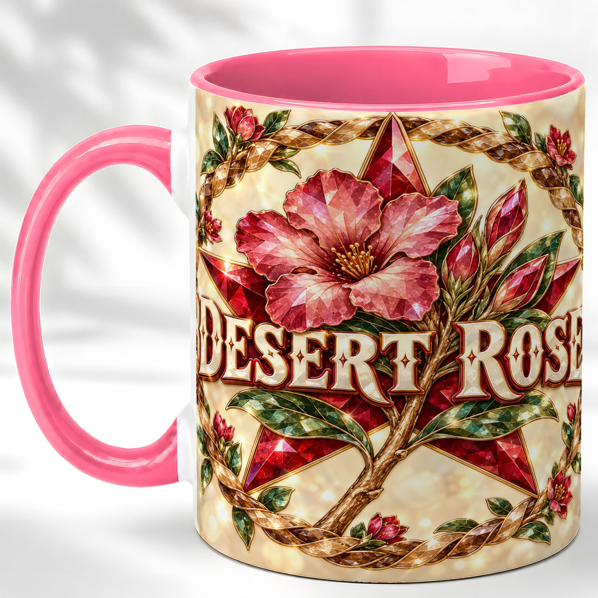 #pl[11oz|Pink] Western Floral Star Coffee Mug, Rose Blossom Mug, Ceramic Cup