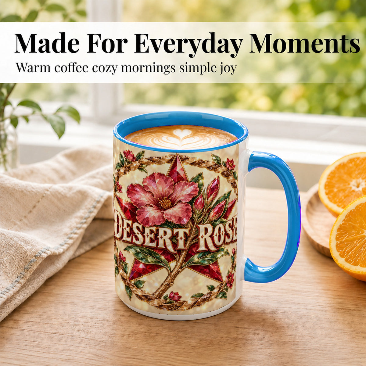 #pl[15oz|Blue] Western Floral Star Coffee Mug, Rose Blossom Mug, Ceramic Cup