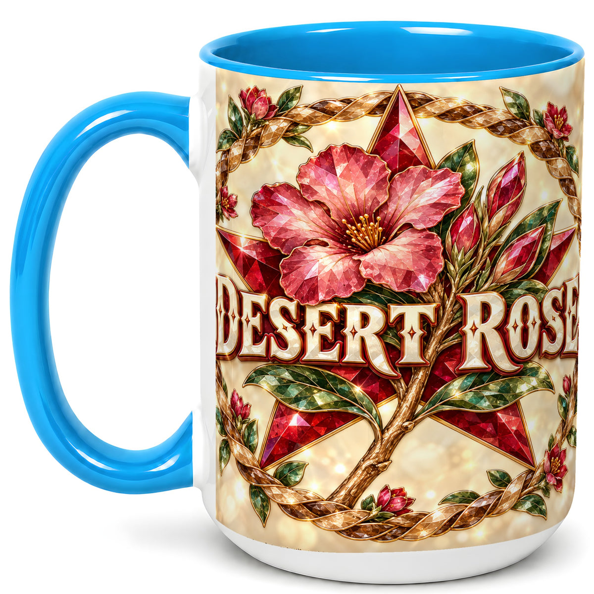 #pl[15oz|Blue] Western Floral Star Coffee Mug, Rose Blossom Mug, Ceramic Cup