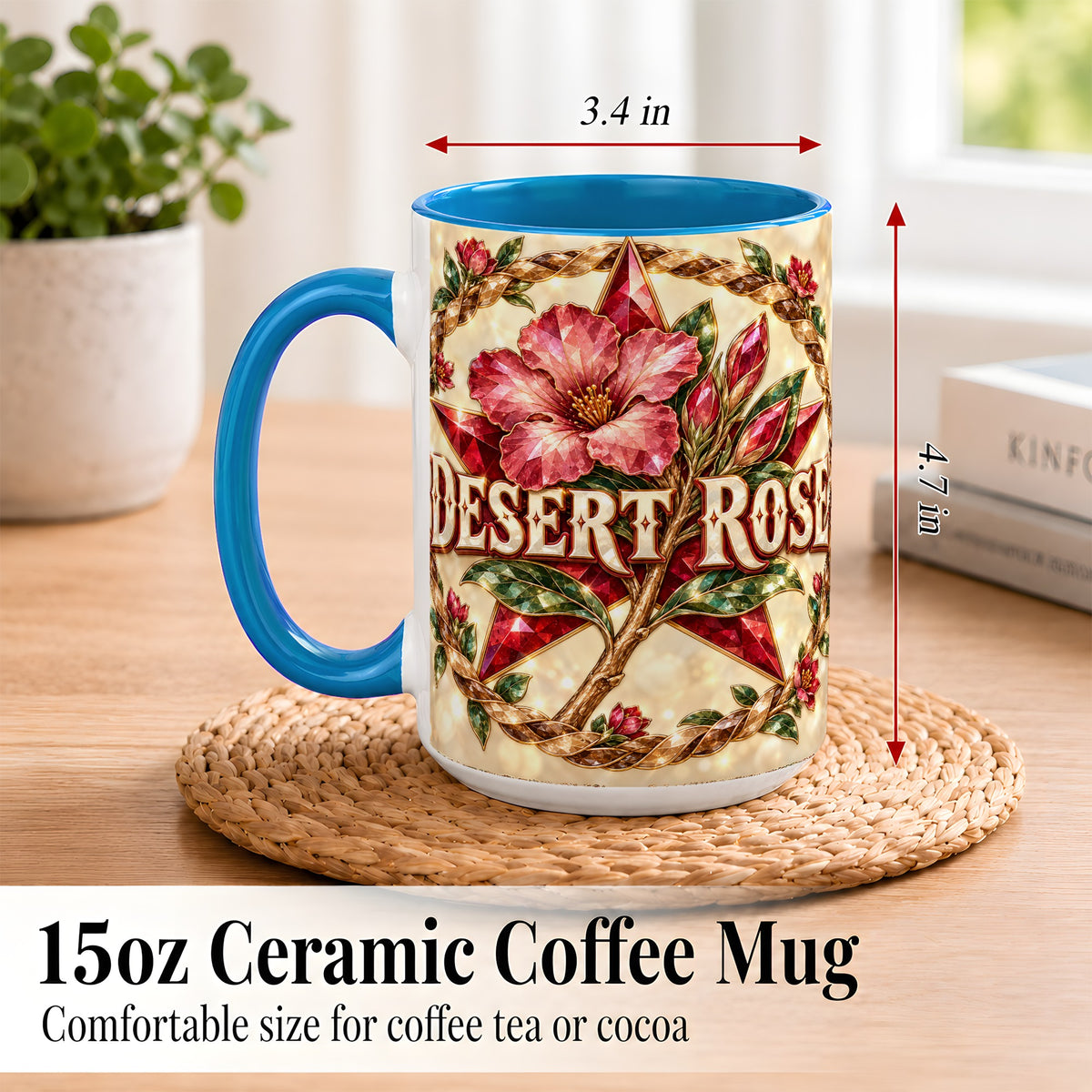 #pl[15oz|Blue] Western Floral Star Coffee Mug, Rose Blossom Mug, Ceramic Cup