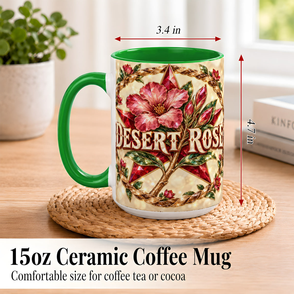 #pl[15oz|Green] Western Floral Star Coffee Mug, Rose Blossom Mug, Ceramic Cup