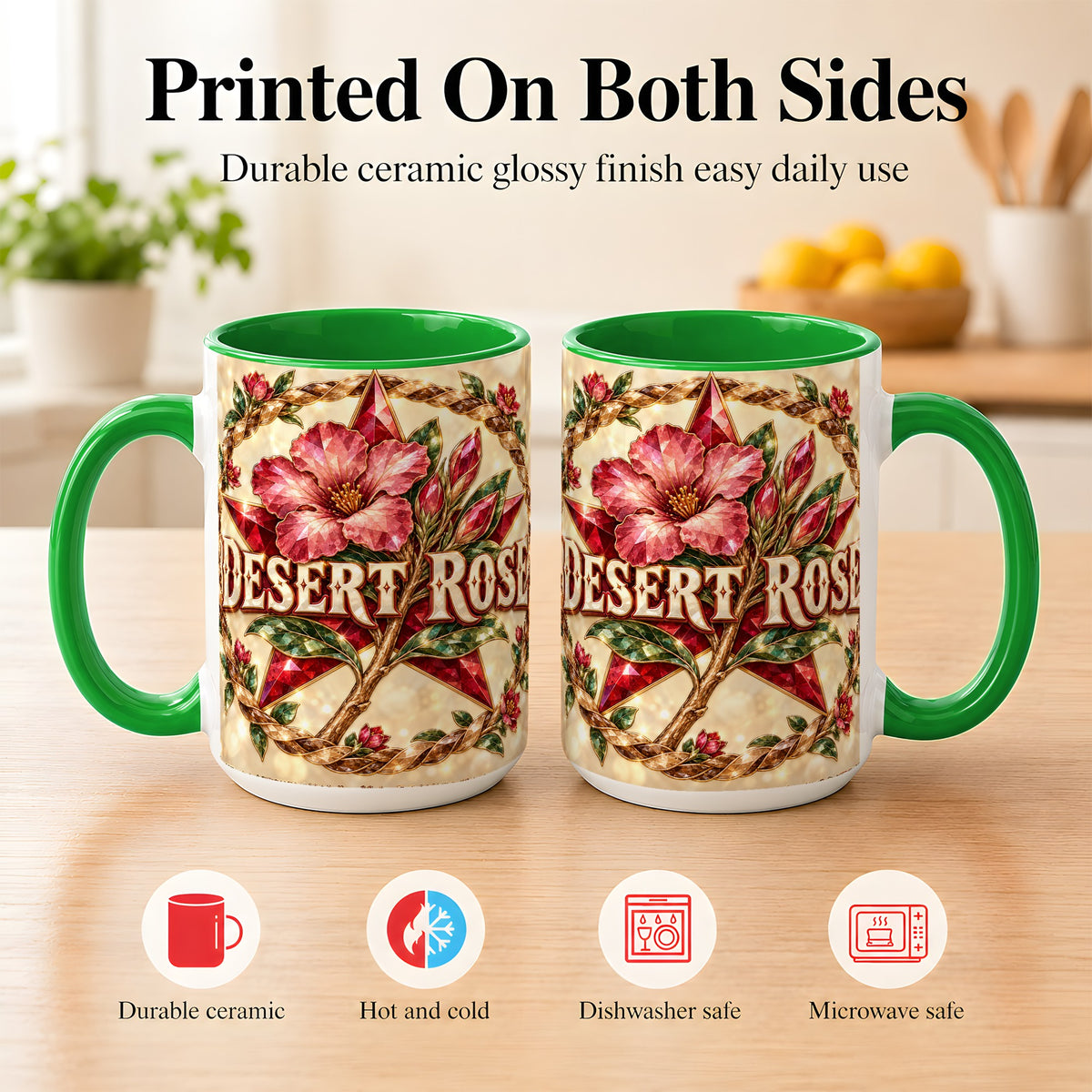 #pl[15oz|Green] Western Floral Star Coffee Mug, Rose Blossom Mug, Ceramic Cup