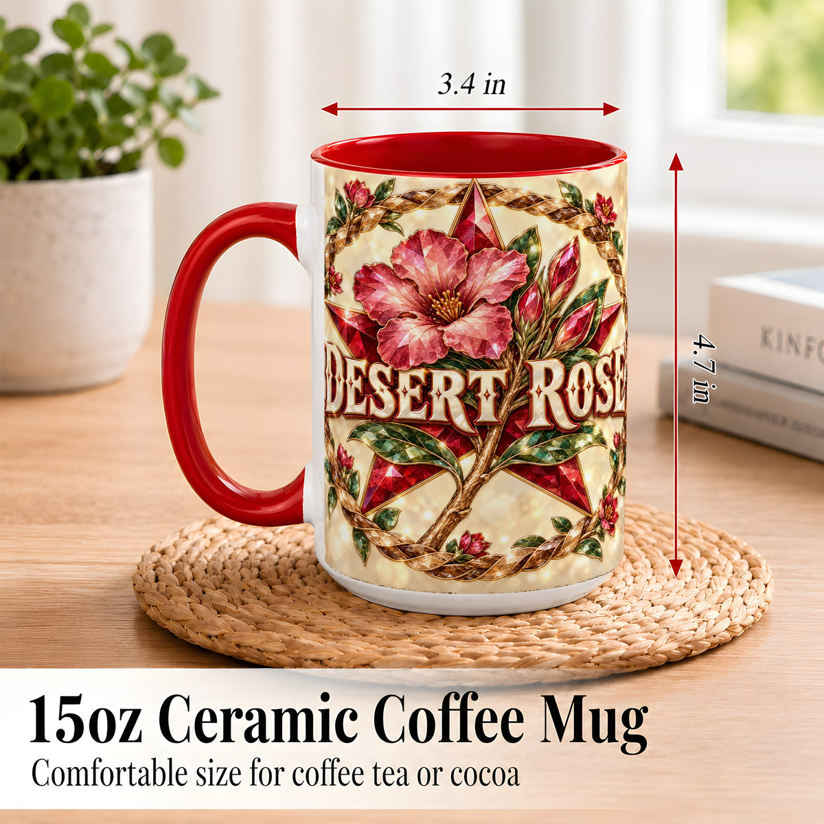 #pl[15oz|Red] Western Floral Star Coffee Mug, Rose Blossom Mug, Ceramic Cup