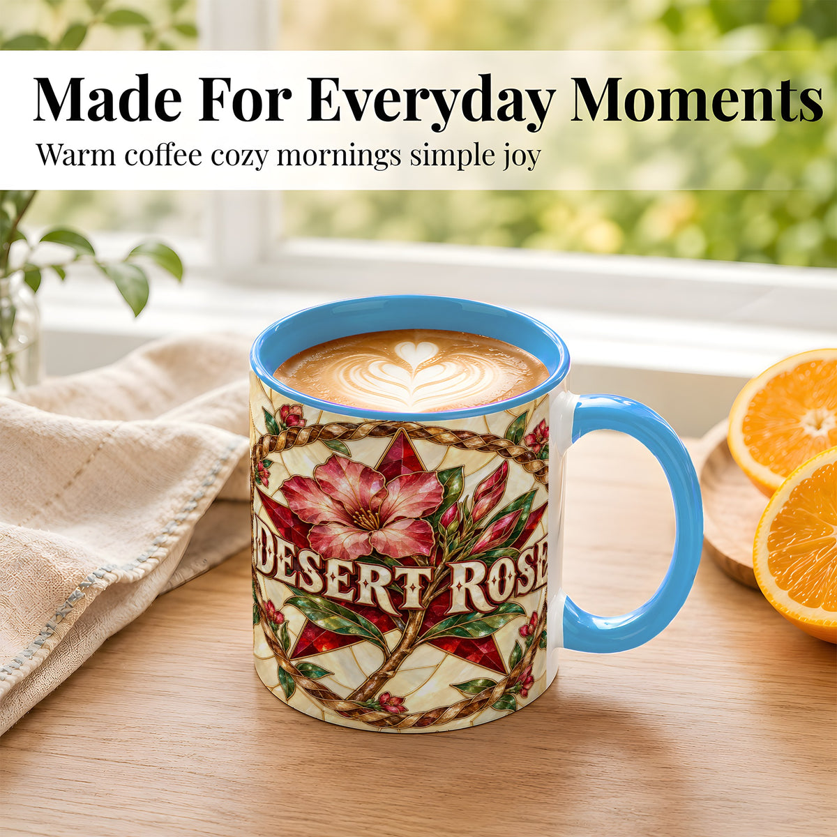 #pl[11oz|Blue] Western Floral Star Coffee Mug, Rose Blossom Mug, Ceramic Cup