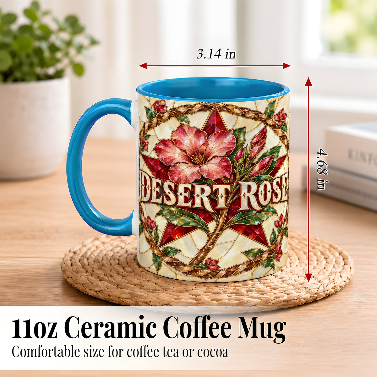 #pl[11oz|Blue] Western Floral Star Coffee Mug, Rose Blossom Mug, Ceramic Cup
