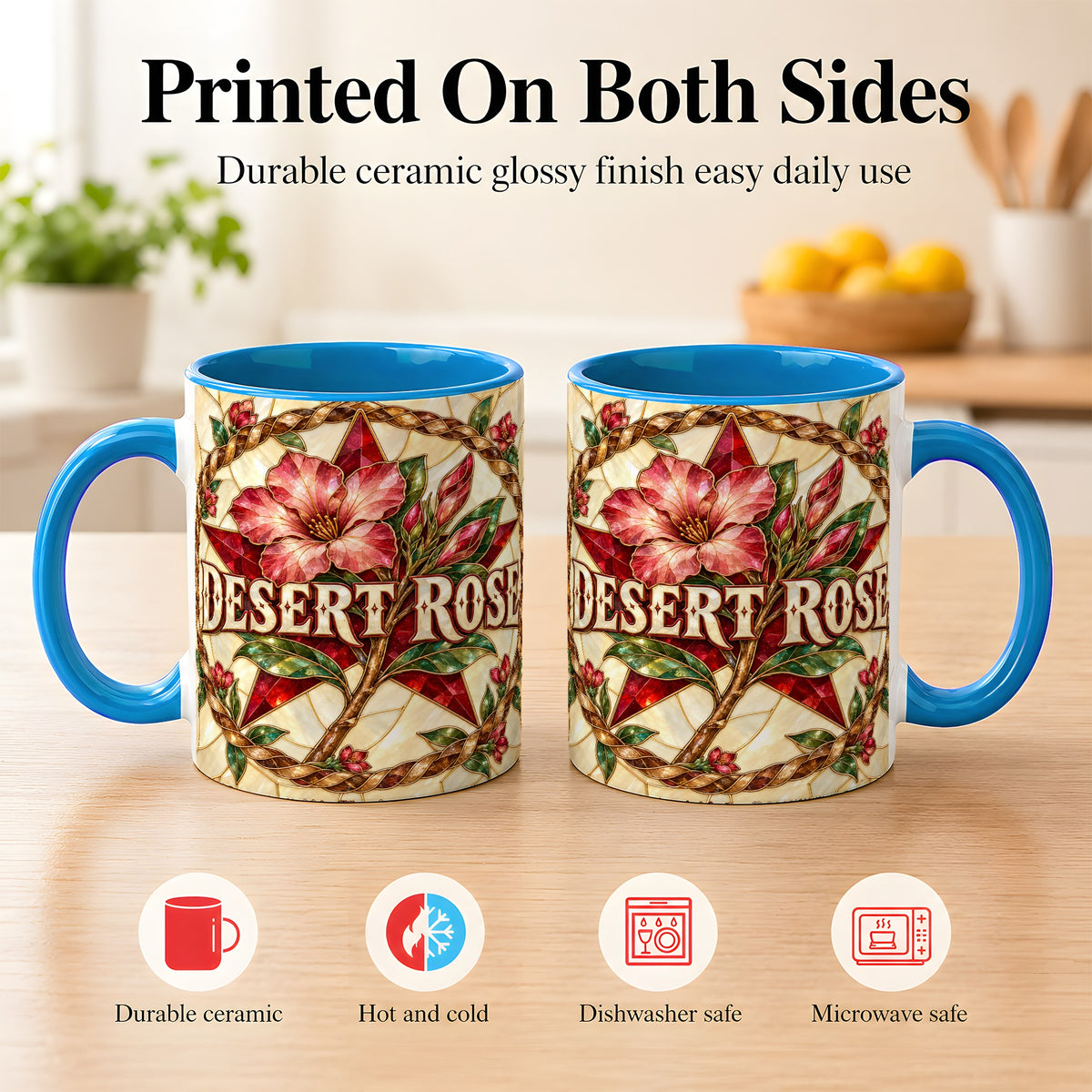 #pl[11oz|Blue] Western Floral Star Coffee Mug, Rose Blossom Mug, Ceramic Cup