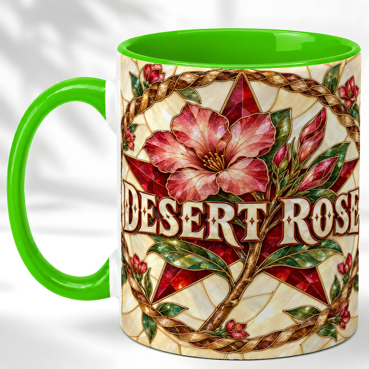 #pl[11oz|Green] Western Floral Star Coffee Mug, Rose Blossom Mug, Ceramic Cup