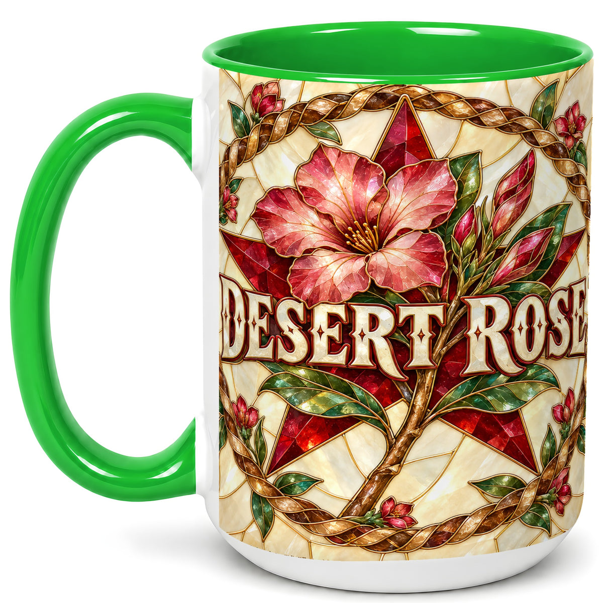 #pl[15oz|Green] Western Floral Star Coffee Mug, Rose Blossom Mug, Ceramic Cup