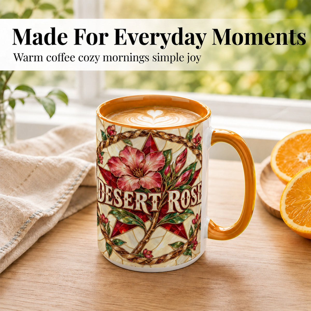 #pl[15oz|Orange] Western Floral Star Coffee Mug, Rose Blossom Mug, Ceramic Cup