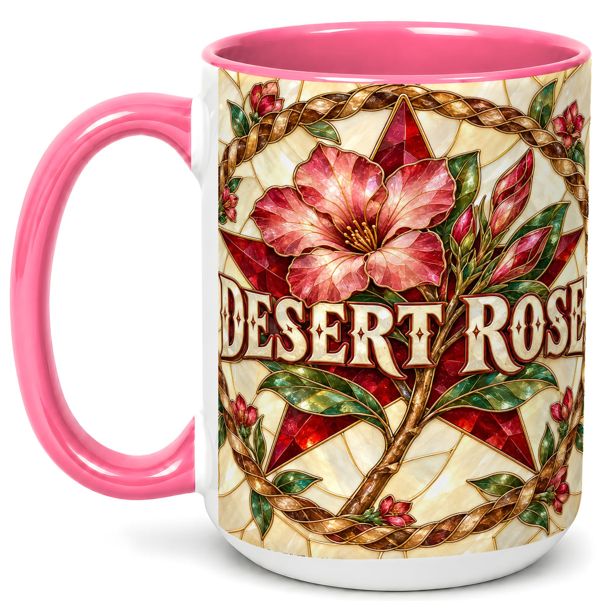 #pl[15oz|Pink] Western Floral Star Coffee Mug, Rose Blossom Mug, Ceramic Cup