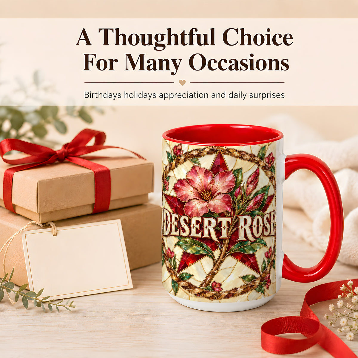 #pl[15oz|Red] Western Floral Star Coffee Mug, Rose Blossom Mug, Ceramic Cup
