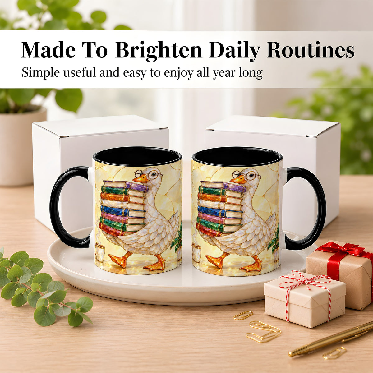 #pl[11oz|Black] Bookish Goose Coffee Mug, Reading Goose Mug, Ceramic Cup
