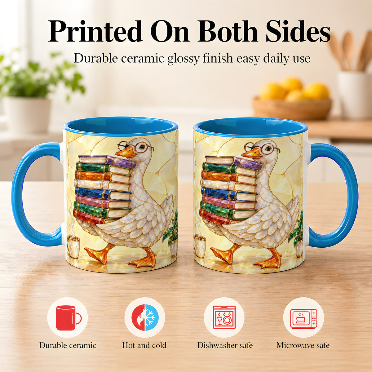 #pl[11oz|Blue] Bookish Goose Coffee Mug, Reading Goose Mug, Ceramic Cup