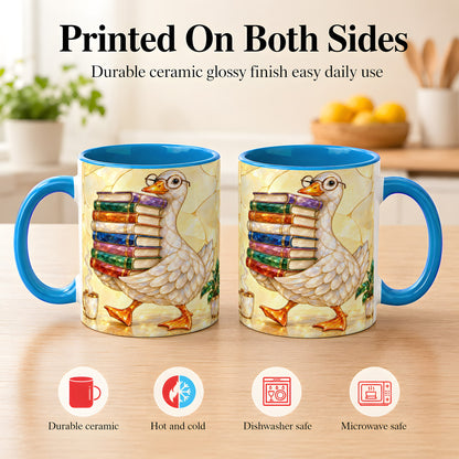 #pl[11oz|Blue] Bookish Goose Coffee Mug, Reading Goose Mug, Ceramic Cup