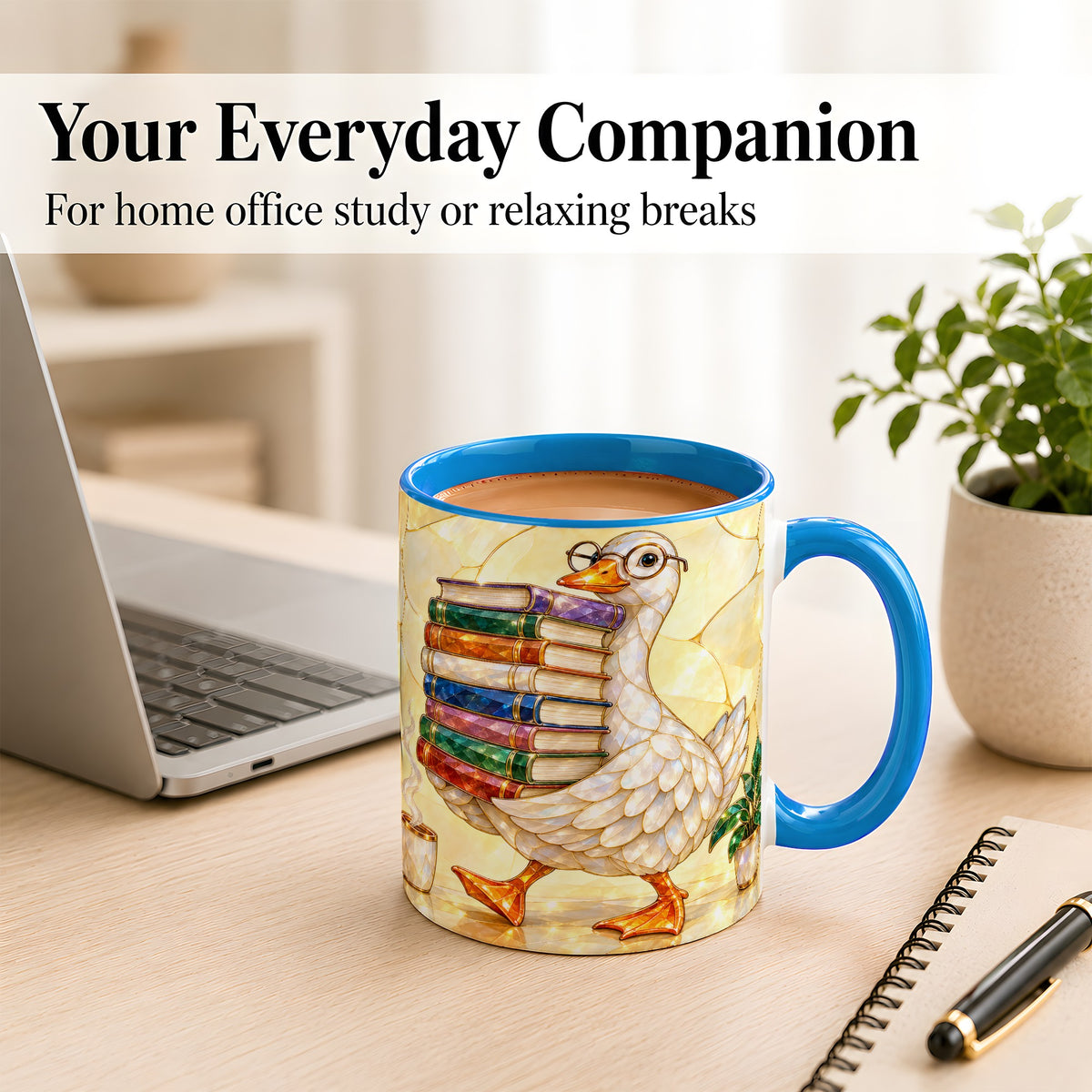 #pl[11oz|Blue] Bookish Goose Coffee Mug, Reading Goose Mug, Ceramic Cup