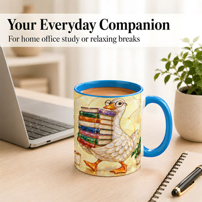 #pl[11oz|Blue] Bookish Goose Coffee Mug, Reading Goose Mug, Ceramic Cup