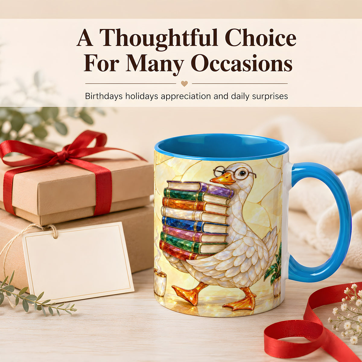 #pl[11oz|Blue] Bookish Goose Coffee Mug, Reading Goose Mug, Ceramic Cup