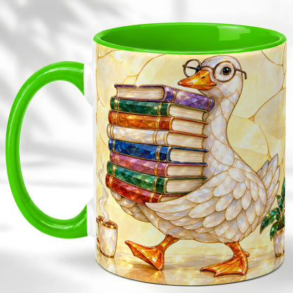 #pl[11oz|Green] Bookish Goose Coffee Mug, Reading Goose Mug, Ceramic Cup