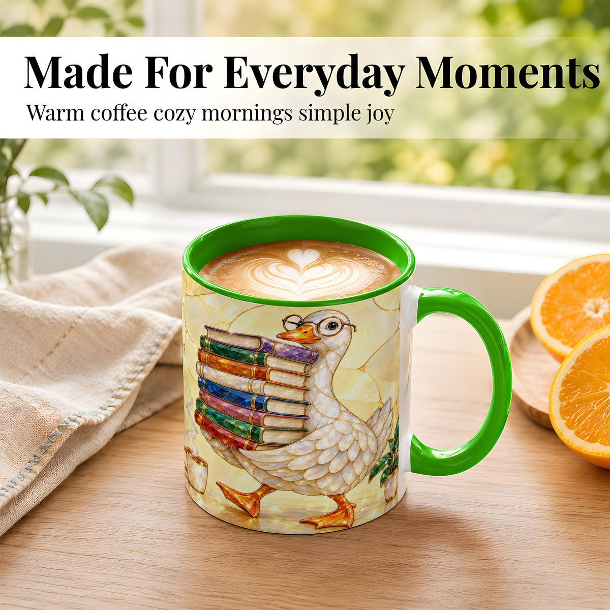 #pl[11oz|Green] Bookish Goose Coffee Mug, Reading Goose Mug, Ceramic Cup